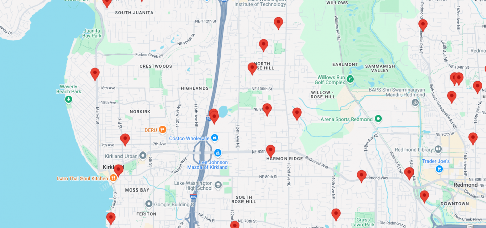 Map of Kirkland WA with senior care locations pinned